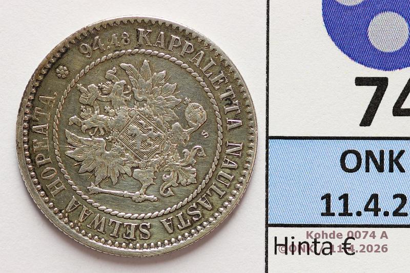 k-0074-a.jpg - Kohde 74 (kuva 1/3), l�ht�hinta: 70 &euro; / myyntihinta: 105 &euro; 1 mk 1864 Ag, SNY 397.1.1.1, vanha rihlaus, lpuhd, kunto: 5