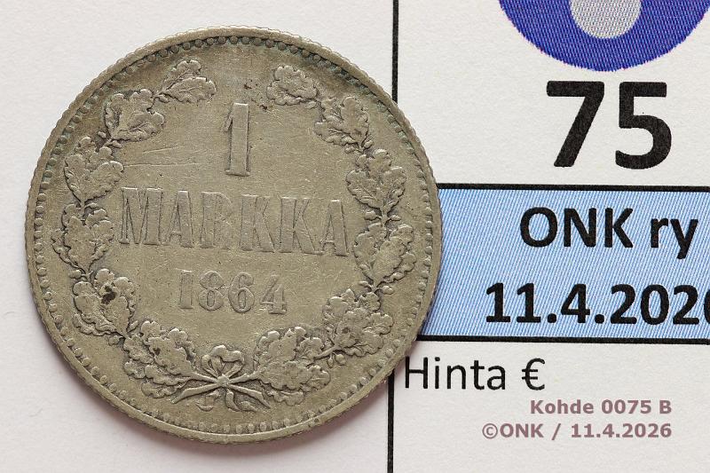 k-0075-b.jpg - Kohde 75 (kuva 2/3), l�ht�hinta: 50 &euro; / myyntihinta: 58 &euro; 1 mk 1864 Ag, SNY 397.1.1.2, uusi rihlaus, nja, kunto: 3
