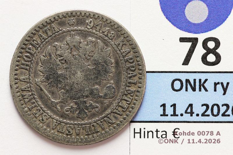 k-0078-a.jpg - Kohde 78 (kuva 1/2), l�ht�hinta: 10 &euro; / myyntihinta: 19 &euro; 1 mk 1867 Ag, SNY 400.1.1, kunto: 2/3