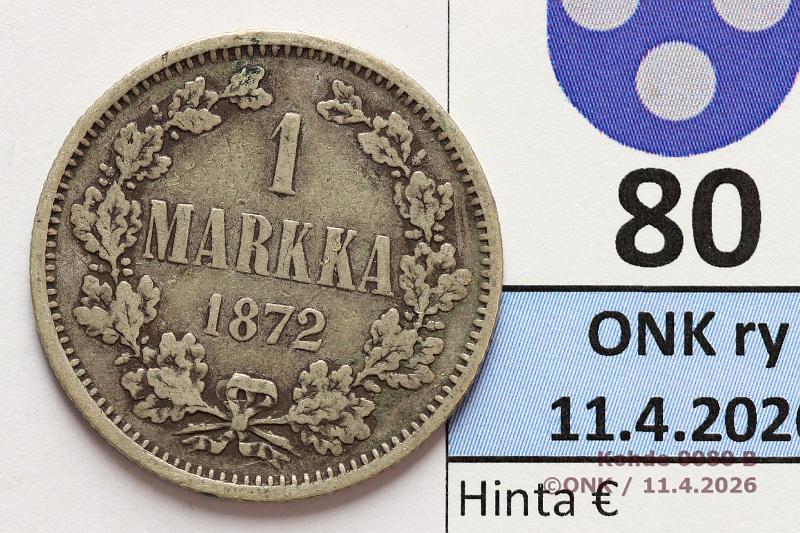 k-0080-b.jpg - Kohde 80 (kuva 2/2), l�ht�hinta: 10 &euro; / myyntihinta: 13 &euro; 1 mk 1872 Ag,  SNY 402.1 , prv, kunto: 3/4