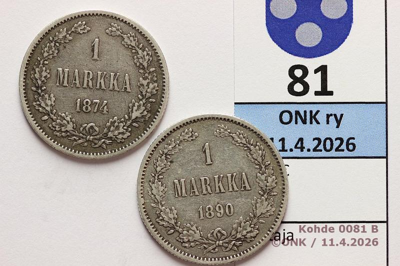k-0081-b.jpg - Kohde 81 (kuva 2/2), l�ht�hinta: 8 &euro; / myyntihinta: 16 &euro; 1 mk 1874, -90 Ag, kunto: 4