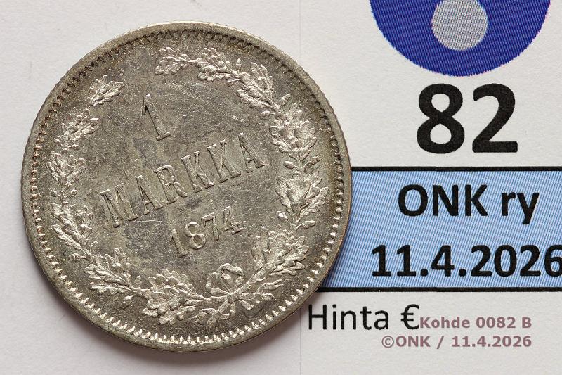 k-0082-b.jpg - Kohde 82 (kuva 2/2), l�ht�hinta: 50 &euro; / ei tarjouksia 1 mk 1874 Ag, hieman patinaa, nja, kunto: 8