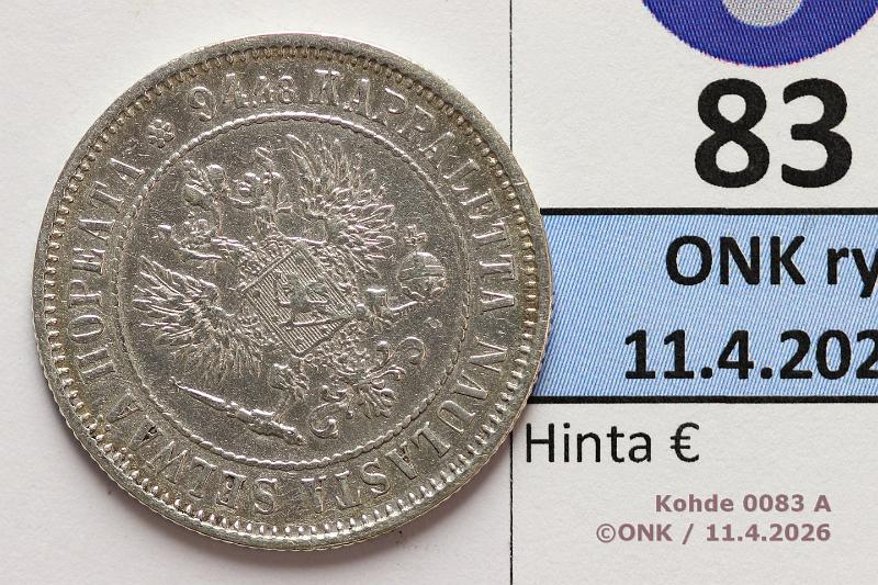 k-0083-a.jpg - Kohde 83 (kuva 1/2), l�ht�hinta: 7 &euro; / myyntihinta: 8 &euro; 1 mk 1890 Ag, puhd, kunto: 6