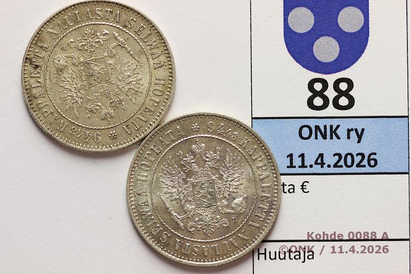 k-0088-a.jpg - Kohde 88 (kuva 1/2), l�ht�hinta: 40 &euro; / myyntihinta: 40 &euro; 1 mk 1907, -08: Ag, -07 patinaa, -08 arvop. hpja, kunto: 7/8, 8