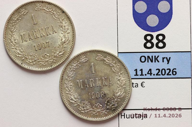 k-0088-b.jpg - Kohde 88 (kuva 2/2), l�ht�hinta: 40 &euro; / myyntihinta: 40 &euro; 1 mk 1907, -08: Ag, -07 patinaa, -08 arvop. hpja, kunto: 7/8, 8