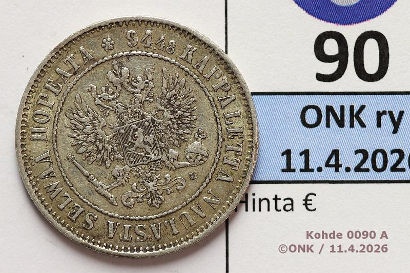 k-0090-a.jpg - Kohde 90 (kuva 1/2), l�ht�hinta: 15 &euro; / ei tarjouksia 1 mk 1908 Ag, prv, kunto: 6