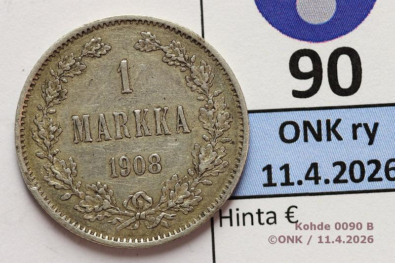 k-0090-b.jpg - Kohde 90 (kuva 2/2), l�ht�hinta: 15 &euro; / ei tarjouksia 1 mk 1908 Ag, prv, kunto: 6