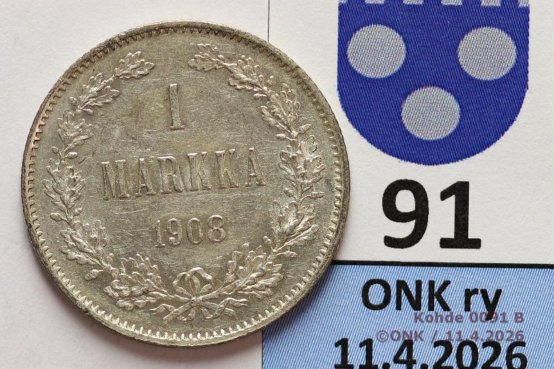 k-0091-b.jpg - Kohde 91 (kuva 2/2), l�ht�hinta: 75 &euro; / ei tarjouksia 1 mk 1908 Ag, epij� reunassa, hnja, eritt�in kaunis!, kunto: 9/8