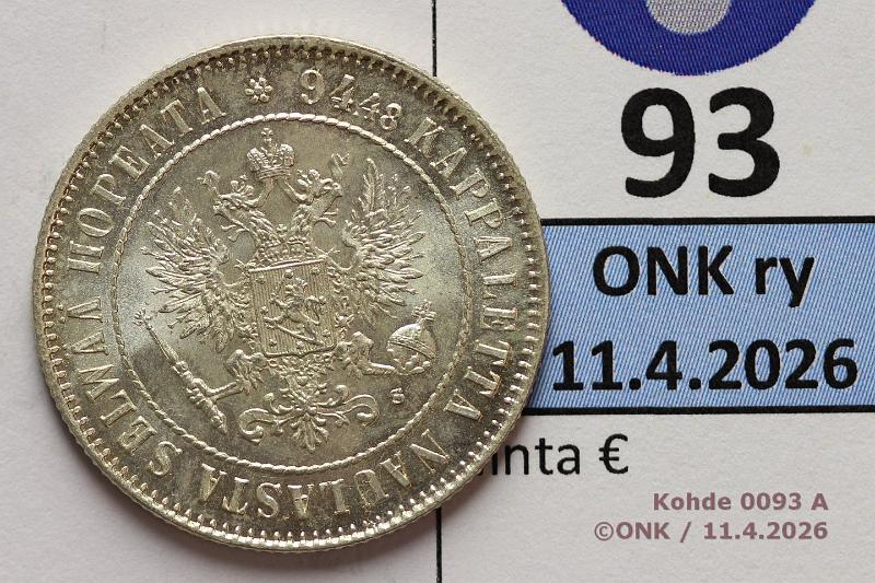 k-0093-a.jpg - Kohde 93 (kuva 1/2), l�ht�hinta: 8 &euro; / myyntihinta: 16 &euro; 1 mk 1915 Ag, loistelias!, kunto: 9
