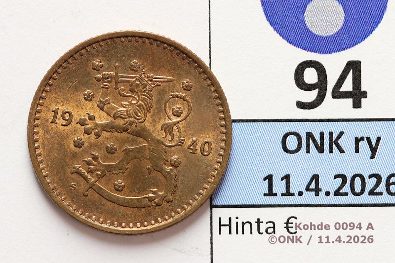 k-0094-a.jpg - Kohde 94 (kuva 1/2), l�ht�hinta: 15 &euro; / myyntihinta: 15 &euro;  1 mk   1940   Cu, SNY 425, eritt�in kaunis! , kunto:  9 