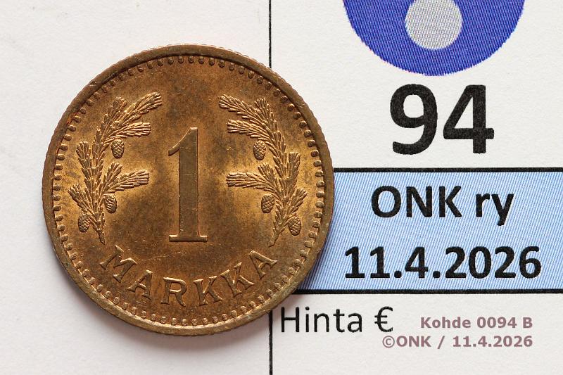 k-0094-b.jpg - Kohde 94 (kuva 2/2), l�ht�hinta: 15 &euro; / myyntihinta: 15 &euro;  1 mk   1940   Cu, SNY 425, eritt�in kaunis! , kunto:  9 