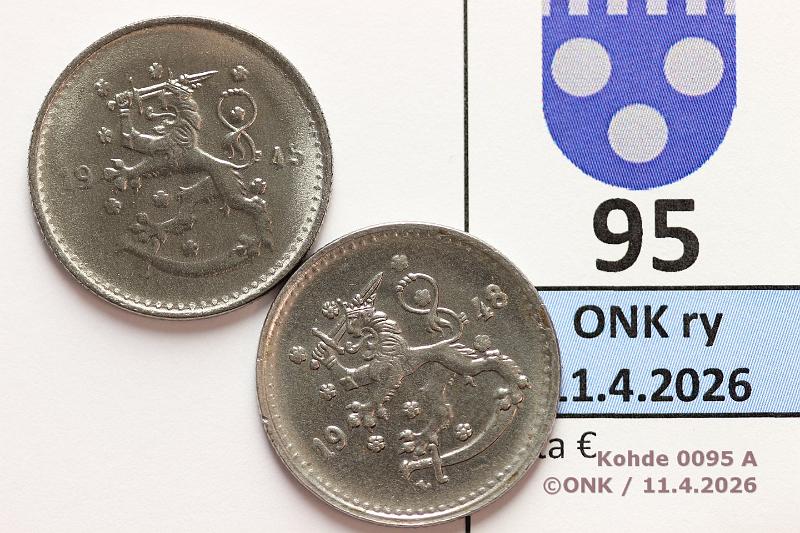 k-0095-a.jpg - Kohde 95 (kuva 1/2), l�ht�hinta: 5 &euro; / myyntihinta: 16 &euro; 1 mk 1945, -48 Loisteliaat, ei ruostetta, kunto: 9