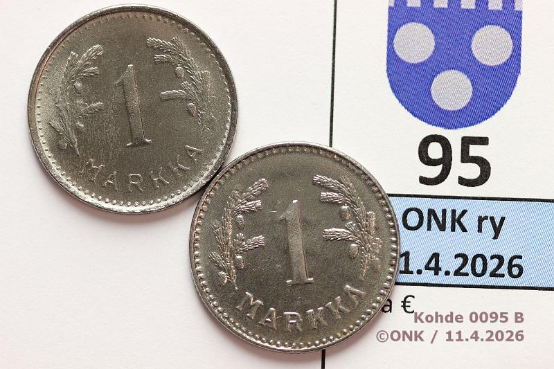 k-0095-b.jpg - Kohde 95 (kuva 2/2), l�ht�hinta: 5 &euro; / myyntihinta: 16 &euro; 1 mk 1945, -48 Loisteliaat, ei ruostetta, kunto: 9