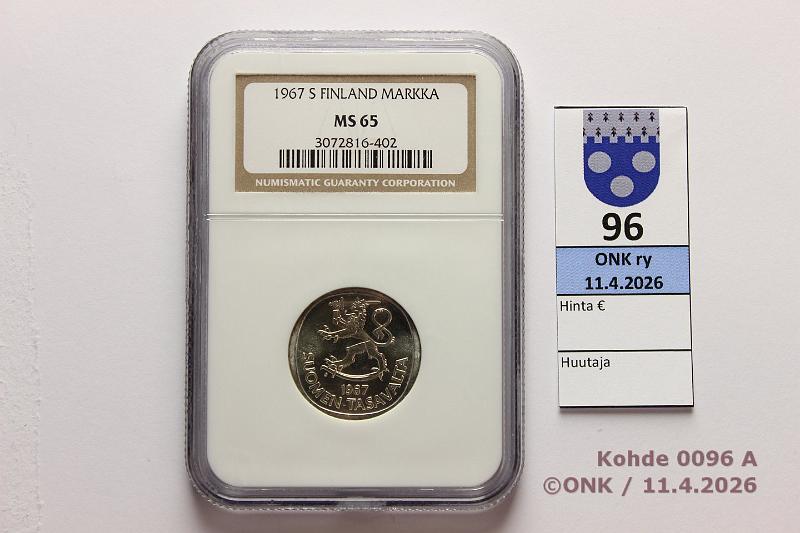 k-0096-a.jpg - Kohde 96 (kuva 1/2), l�ht�hinta: 5 &euro; / myyntihinta: 40 &euro; 1 mk 1967 Ag, NCG-slabissa: MS 65, kunto: 9