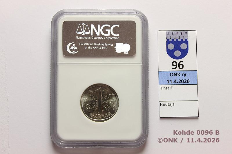 k-0096-b.jpg - Kohde 96 (kuva 2/2), l�ht�hinta: 5 &euro; / myyntihinta: 40 &euro; 1 mk 1967 Ag, NCG-slabissa: MS 65, kunto: 9