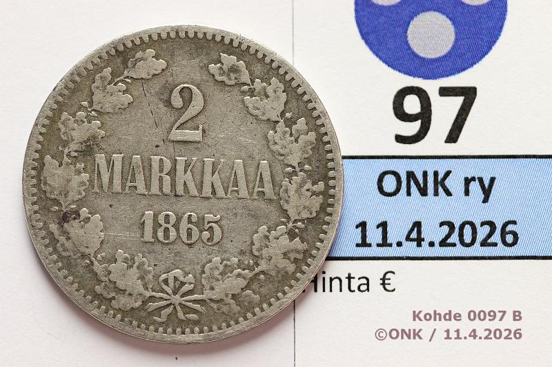 k-0097-b.jpg - Kohde 97 (kuva 2/2), l�ht�hinta: 10 &euro; / myyntihinta: 19 &euro; 2 mk 1865 Ag, kunto: 3