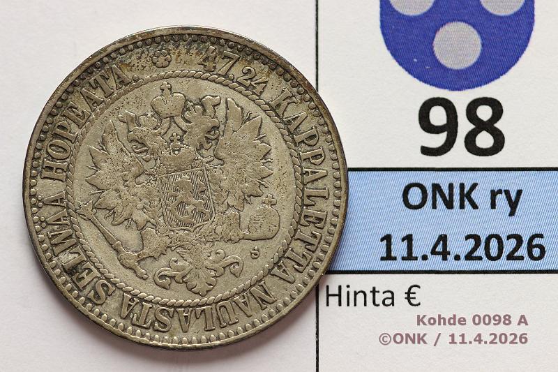k-0098-a.jpg - Kohde 98 (kuva 1/2), l�ht�hinta: 10 &euro; / myyntihinta: 17 &euro; 2 mk 1865 Ag, kunto: 4