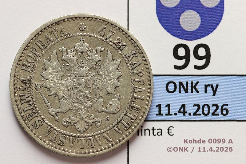 k-0099-a.jpg - Kohde 99 (kuva 1/2), l�ht�hinta: 30 &euro; / ei tarjouksia 2 mk 1865 Ag, kunto: 5