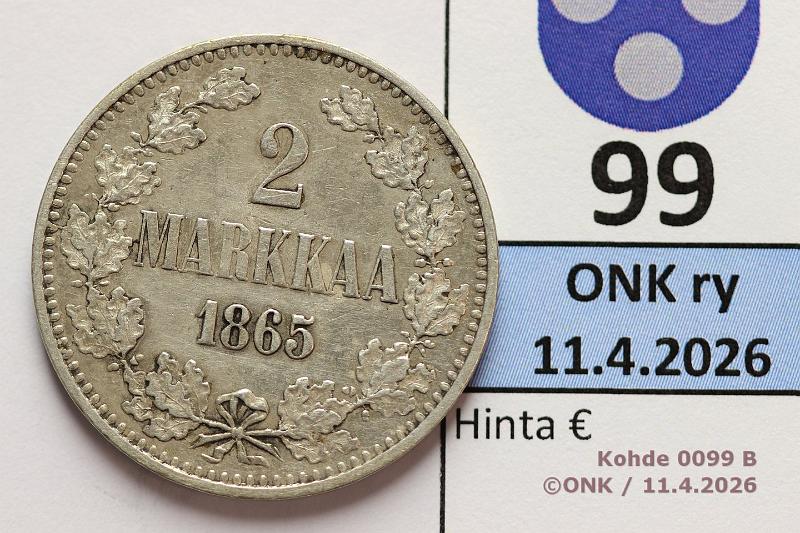 k-0099-b.jpg - Kohde 99 (kuva 2/2), l�ht�hinta: 30 &euro; / ei tarjouksia 2 mk 1865 Ag, kunto: 5