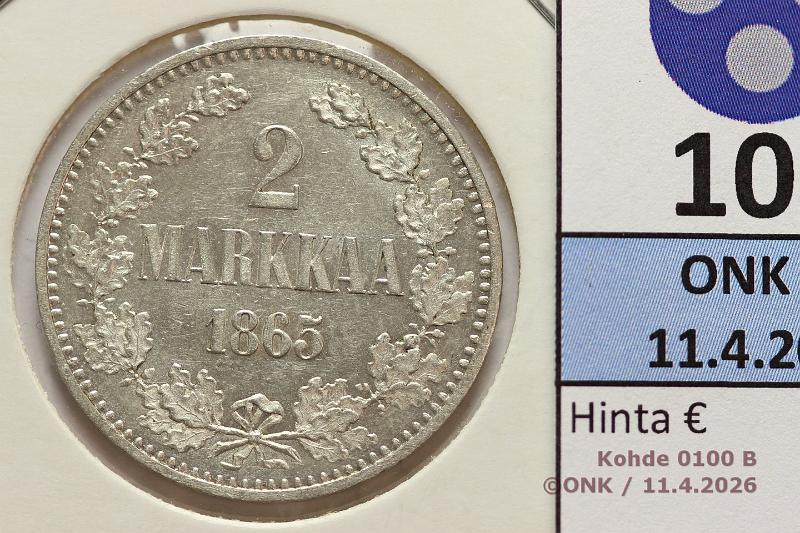 k-0100-b.jpg - Kohde 100 (kuva 2/2), l�ht�hinta: 200 &euro; / myyntihinta: 205 &euro;  2 mk   1865   Ag, eritt�in kaunis! , kunto:  8/9 