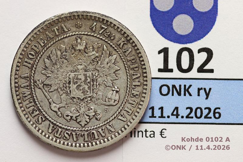 k-0102-a.jpg - Kohde 102 (kuva 1/2), l�ht�hinta: 10 &euro; / myyntihinta: 17 &euro; 2 mk 1870 Ag, kunto: 4