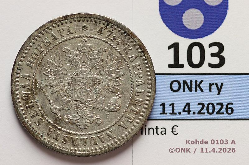 k-0103-a.jpg - Kohde 103 (kuva 1/2), l�ht�hinta: 40 &euro; / ei tarjouksia 2 mk 1870 Ag, patinaa, hnja, kunto: 6/7