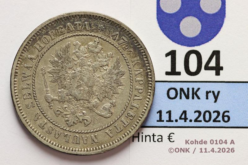 k-0104-a.jpg - Kohde 104 (kuva 1/2), l�ht�hinta: 10 &euro; / myyntihinta: 27 &euro; 2 mk 1872 Ag, kunto: 5