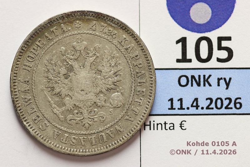 k-0105-a.jpg - Kohde 105 (kuva 1/2), l�ht�hinta: 8 &euro; / myyntihinta: 14 &euro; 2 mk 1874 Ag, puhd, kunto: 3