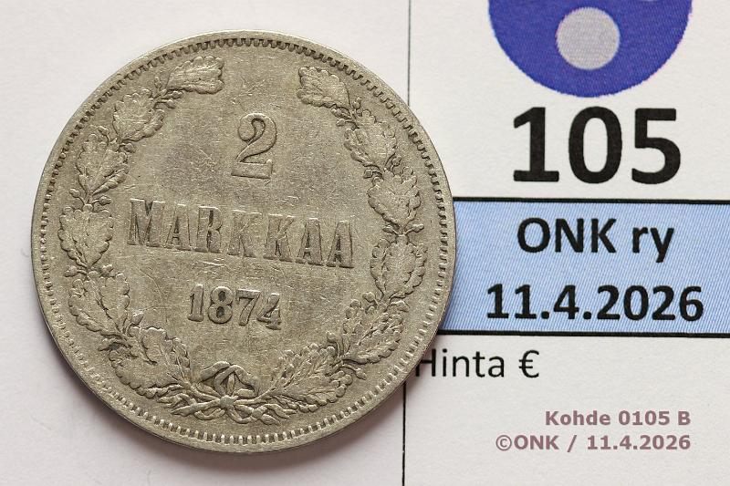 k-0105-b.jpg - Kohde 105 (kuva 2/2), l�ht�hinta: 8 &euro; / myyntihinta: 14 &euro; 2 mk 1874 Ag, puhd, kunto: 3