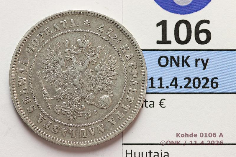 k-0106-a.jpg - Kohde 106 (kuva 1/2), l�ht�hinta: 150 &euro; / myyntihinta: 160 &euro; 2 mk 1905 Ag, kunto: 5