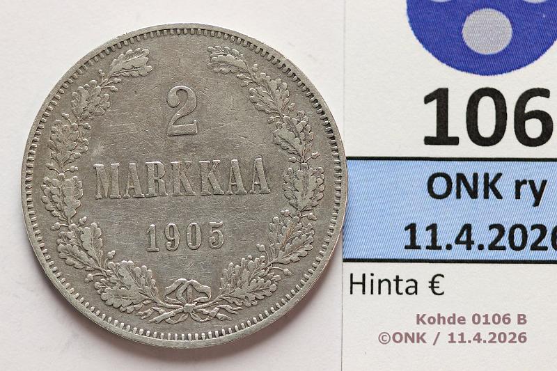 k-0106-b.jpg - Kohde 106 (kuva 2/2), l�ht�hinta: 150 &euro; / myyntihinta: 160 &euro; 2 mk 1905 Ag, kunto: 5