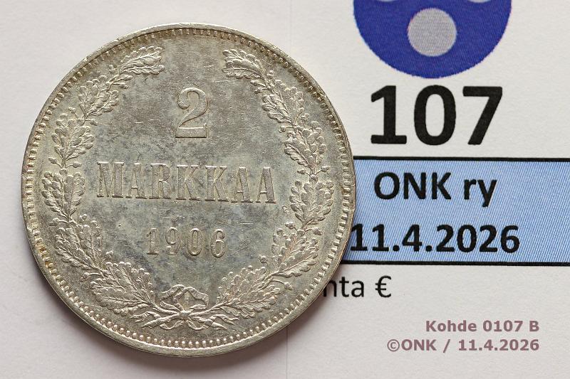 k-0107-b.jpg - Kohde 107 (kuva 2/3), l�ht�hinta: 100 &euro; / ei tarjouksia  2 mk   1906   Ag, SNY 500.1.1.1, pitk� /-viiva, eritt�in kaunis! , kunto:  8 
