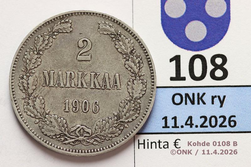 k-0108-b.jpg - Kohde 108 (kuva 2/3), l�ht�hinta: 10 &euro; / myyntihinta: 17 &euro; 2 mk 1906 Ag, SNY 500.1.1.2, lyhyt /-viiva, kunto: 5