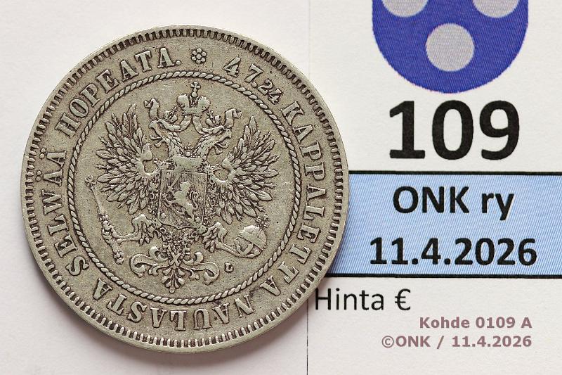 k-0109-a.jpg - Kohde 109 (kuva 1/2), l�ht�hinta: 10 &euro; / myyntihinta: 25 &euro; 2 mk 1907 Ag, kunto: 5