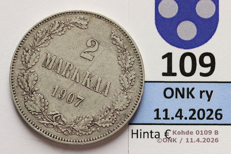 k-0109-b.jpg - Kohde 109 (kuva 2/2), l�ht�hinta: 10 &euro; / myyntihinta: 25 &euro; 2 mk 1907 Ag, kunto: 5