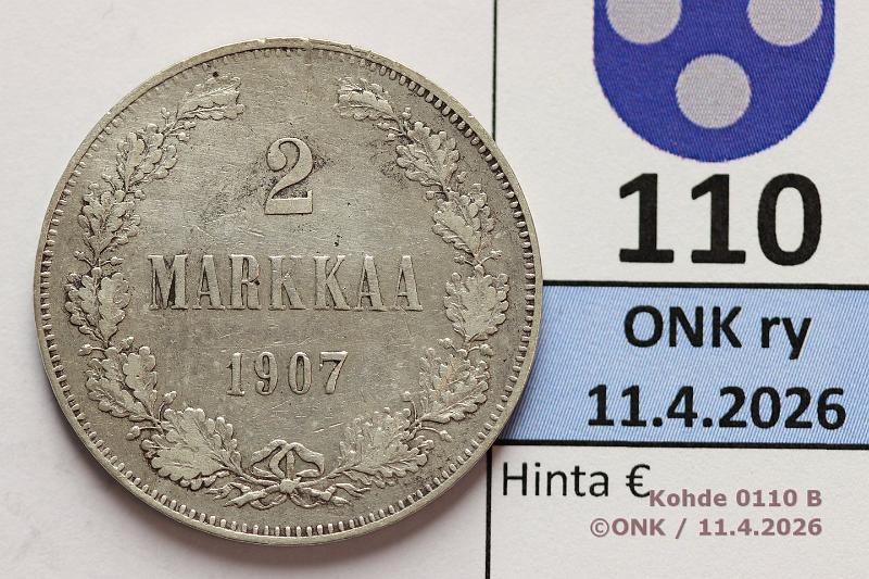 k-0110-b.jpg - Kohde 110 (kuva 2/2), l�ht�hinta: 10 &euro; / myyntihinta: 19 &euro; 2 mk 1907 Ag, lpuhd, kunto: 5