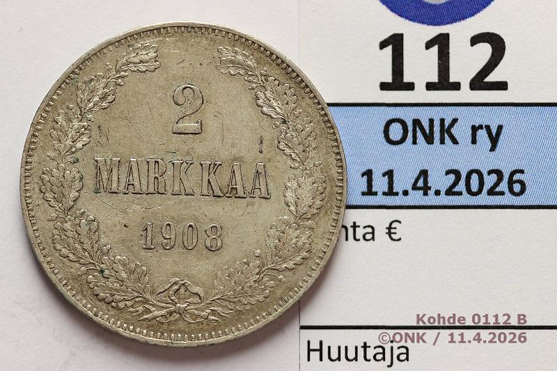 k-0112-b.jpg - Kohde 112 (kuva 2/2), l�ht�hinta: 15 &euro; / myyntihinta: 23 &euro; 2 mk 1908 Ag, hnja, kunto: 7