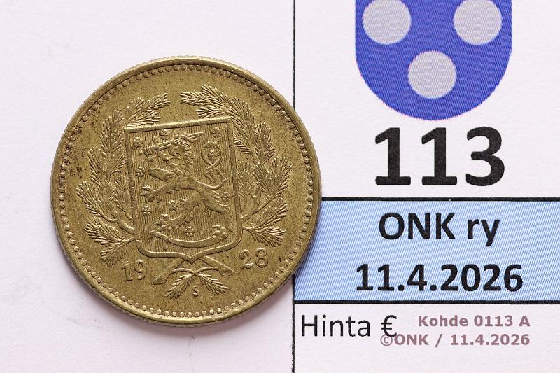 k-0113-a.jpg - Kohde 113 (kuva 1/2), l�ht�hinta: 50 &euro; / ei tarjouksia 5 mk 1928 SNY 503.1, kunto: 7/6