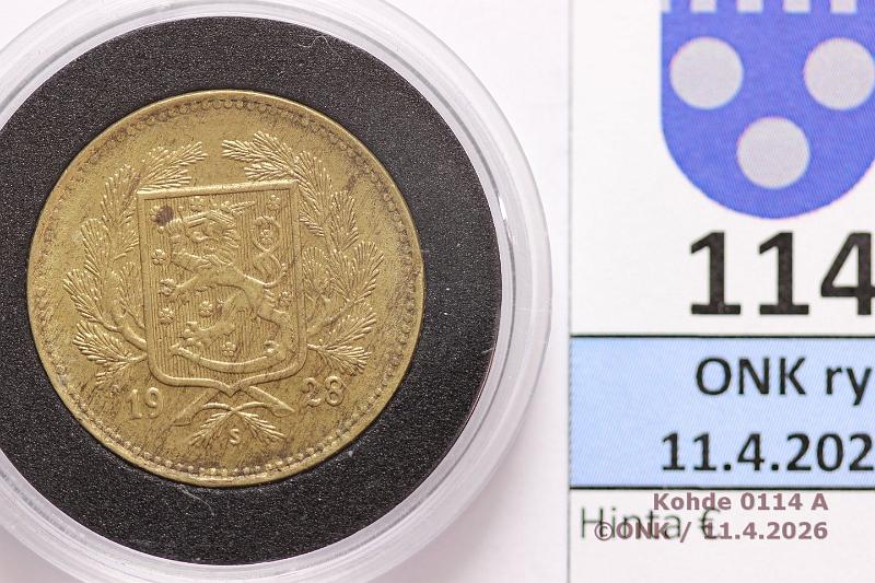 k-0114-a.jpg - Kohde 114 (kuva 1/2), l�ht�hinta: 50 &euro; / ei tarjouksia 5 mk 1928 SNY 503.1, pilleriss�, kunto: 6/7