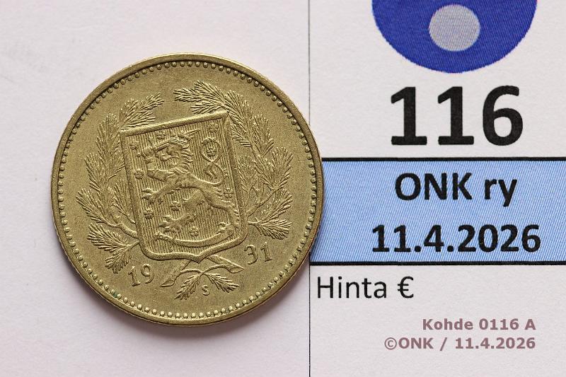 k-0116-a.jpg - Kohde 116 (kuva 1/2), l�ht�hinta: 15 &euro; / ei tarjouksia 5 mk 1931 , kunto: 7