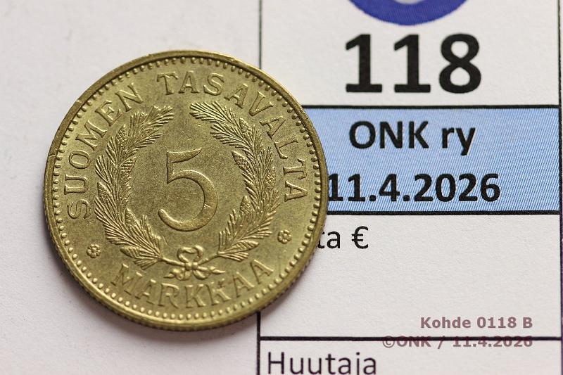 k-0118-b.jpg - Kohde 118 (kuva 2/2), l�ht�hinta: 30 &euro; / ei tarjouksia 5 mk 1935 Kaunis!, kunto: 7