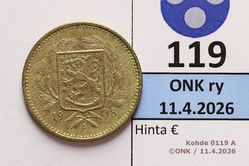 k-0119-a.jpg - Kohde 119 (kuva 1/2), l�ht�hinta: 10 &euro; / ei tarjouksia 5 mk 1938 Kaunis!, kunto: 7