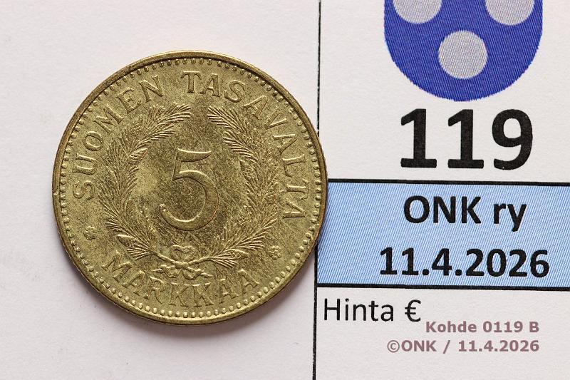 k-0119-b.jpg - Kohde 119 (kuva 2/2), l�ht�hinta: 10 &euro; / ei tarjouksia 5 mk 1938 Kaunis!, kunto: 7