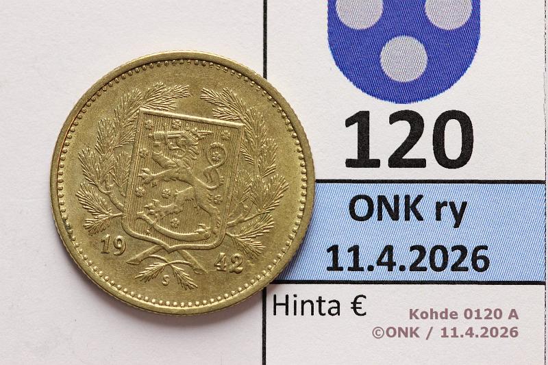 k-0120-a.jpg - Kohde 120 (kuva 1/2), l�ht�hinta: 5 &euro; / myyntihinta: 5 &euro; 5 mk 1942 Kaunis!, kunto: 7