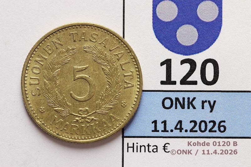k-0120-b.jpg - Kohde 120 (kuva 2/2), l�ht�hinta: 5 &euro; / myyntihinta: 5 &euro; 5 mk 1942 Kaunis!, kunto: 7