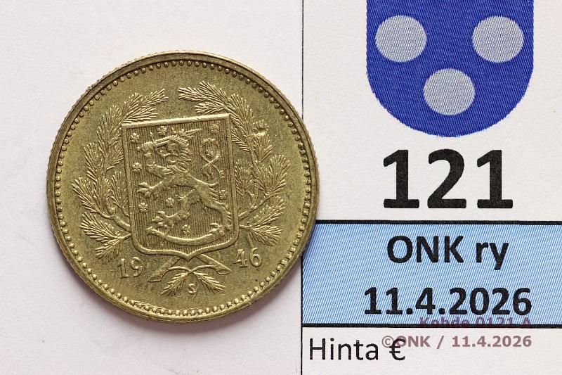 k-0121-a.jpg - Kohde 121 (kuva 1/2), l�ht�hinta: 5 &euro; / myyntihinta: 13 &euro; 5 mk 1946 Mess, SNY 517.2, XRF: Cu 72%, Zn 28%, kunto: 8