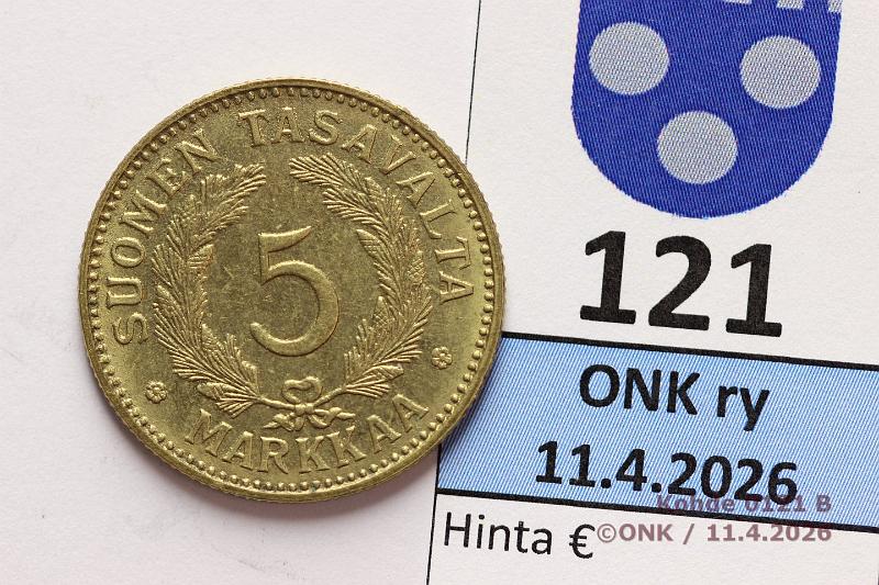 k-0121-b.jpg - Kohde 121 (kuva 2/2), l�ht�hinta: 5 &euro; / myyntihinta: 13 &euro; 5 mk 1946 Mess, SNY 517.2, XRF: Cu 72%, Zn 28%, kunto: 8