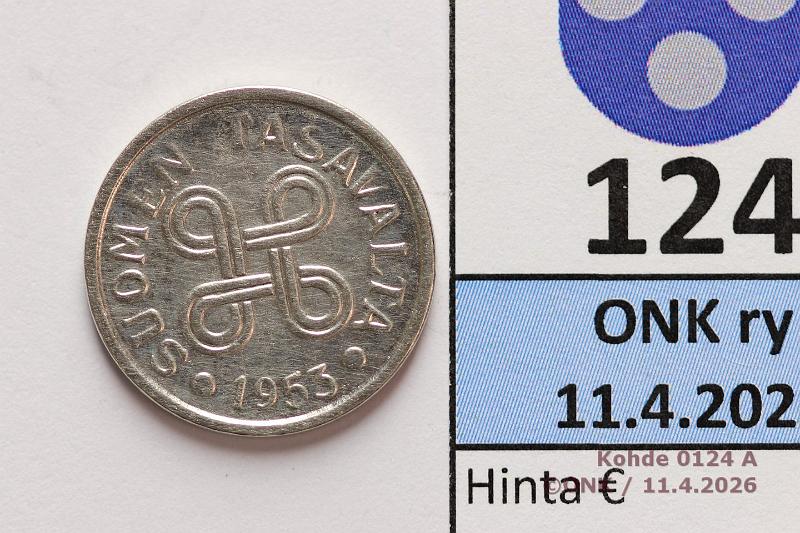 k-0124-a.jpg - Kohde 124 (kuva 1/2), l�ht�hinta: 75 &euro; / myyntihinta: 75 &euro; 5 mk 1953 FeNi, SNY 526, XRF: Fe 64%, Ni 36%, hnja, kunto: 7