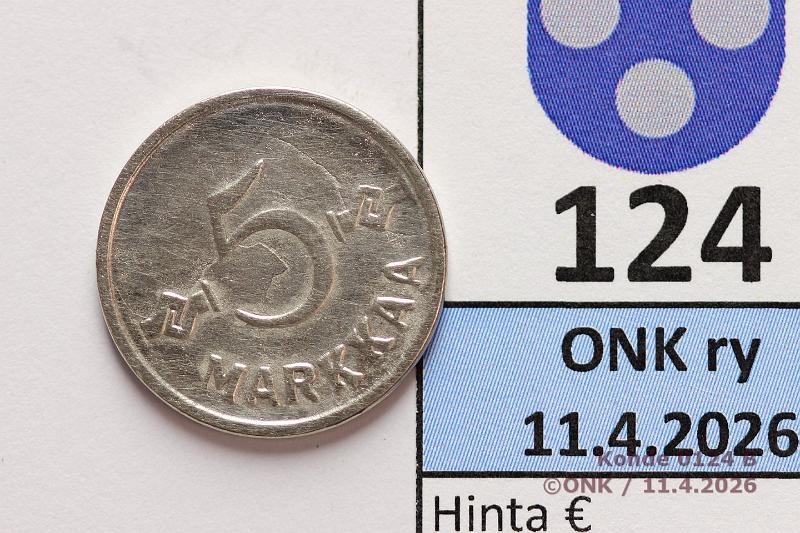 k-0124-b.jpg - Kohde 124 (kuva 2/2), l�ht�hinta: 75 &euro; / myyntihinta: 75 &euro; 5 mk 1953 FeNi, SNY 526, XRF: Fe 64%, Ni 36%, hnja, kunto: 7