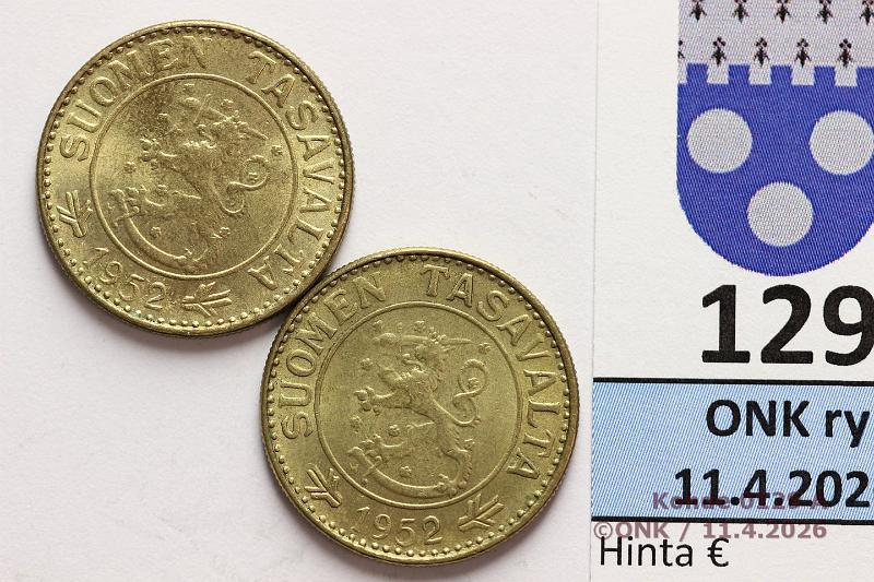 k-0129-a.jpg - Kohde 129 (kuva 1/2), l�ht�hinta: 10 &euro; / myyntihinta: 34 &euro; 10 mk 1952 (2) SNY 586.2, kunto: 8, 9